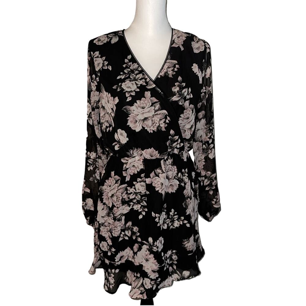 Trixxi Black Floral Long Sleeve Wrap Dress